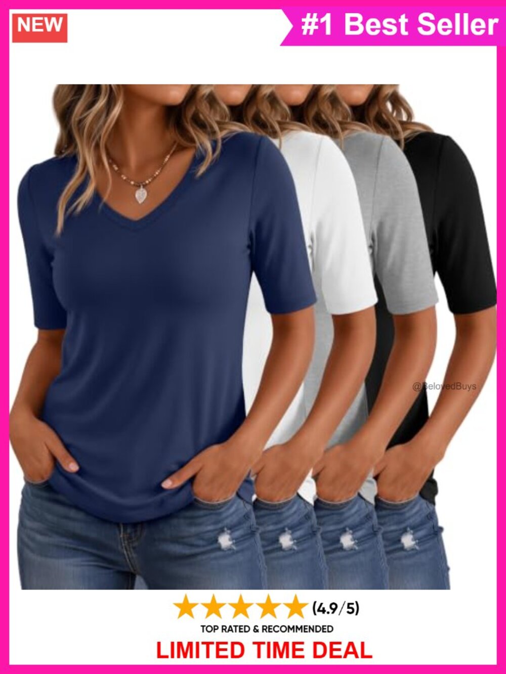 Women's Half Sleeve V Neck Slim Fit T Shirts 4 Pack Cotton Blend